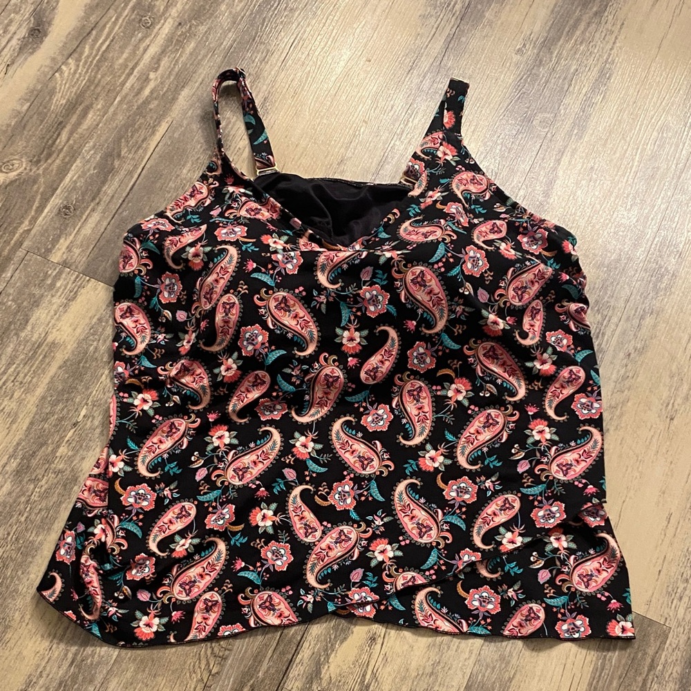 Lands End Women’s Adjustable Tankini Top Black Multi Paisley Floral 2X